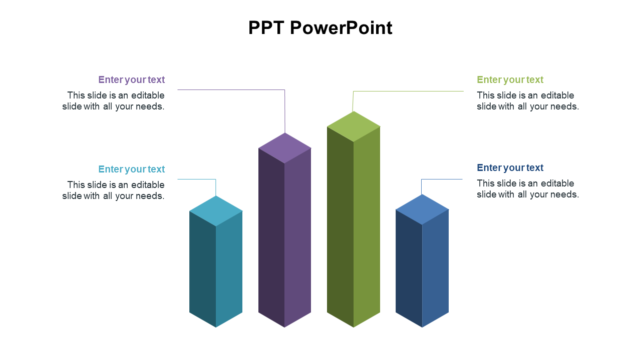 PowerPoint slide featuring four vertical 3D blocks with text spaces on a white backdrop.