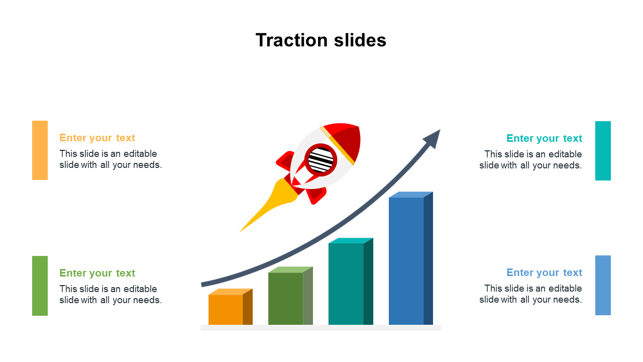 A bar graph with ascending colored bars in yellow, green, teal, and blue, and a red rocket above, with matching text boxes.