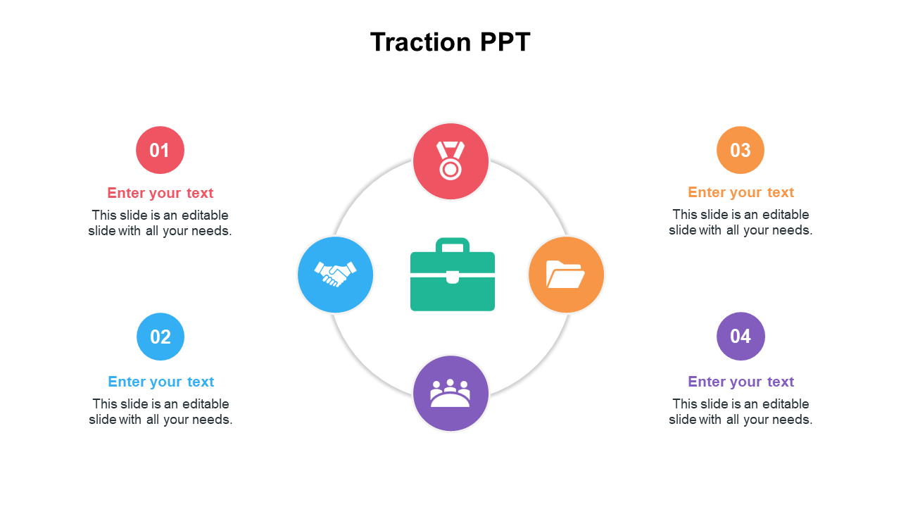 Traction PPT slide with icons representing key business elements such as achievement, collaboration, and teamwork with text.