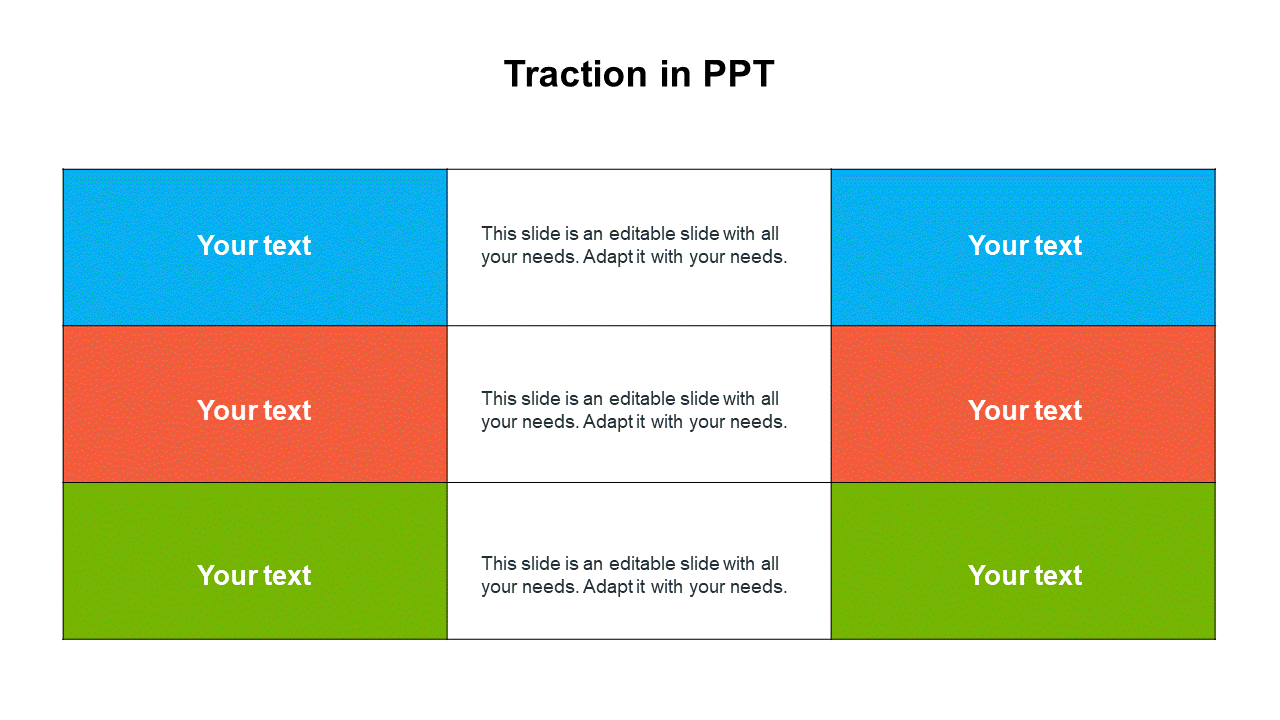  A traction layout with three rows and two columns, filled with blue, red, and green text boxes.