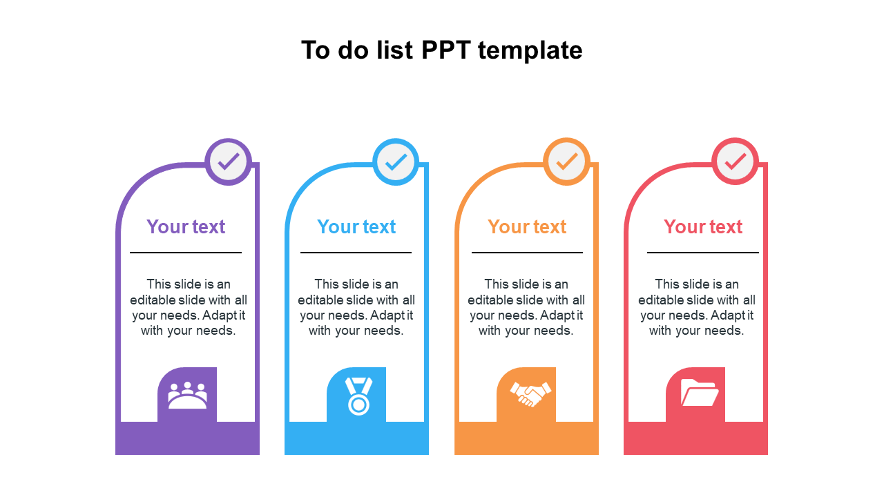 Colorful to-do list template with four sections for text and icons representing different tasks.