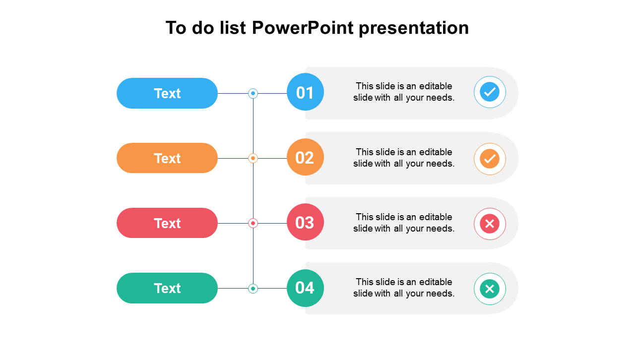 Organized to-do list PowerPoint presentation slide with four tasks, each having a colored text box and a status icon.