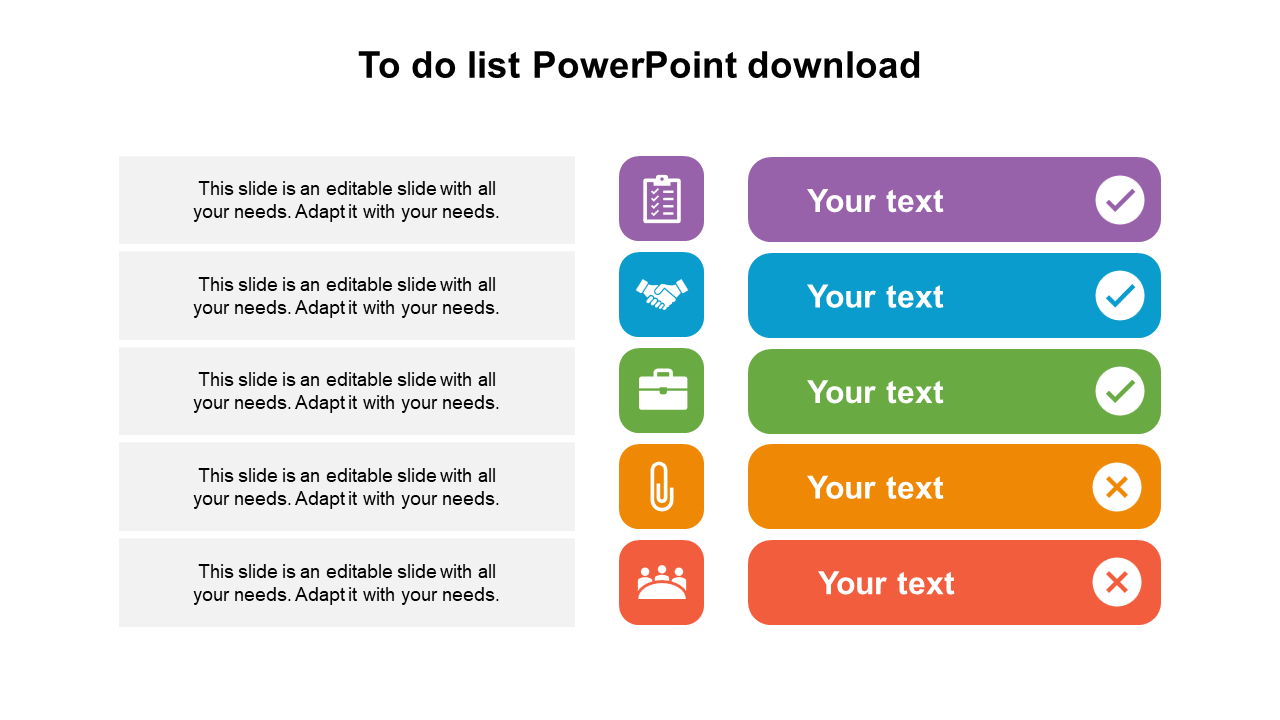 A to-do list layout with seven sections, featuring colored buttons on the right with check marks and icons.