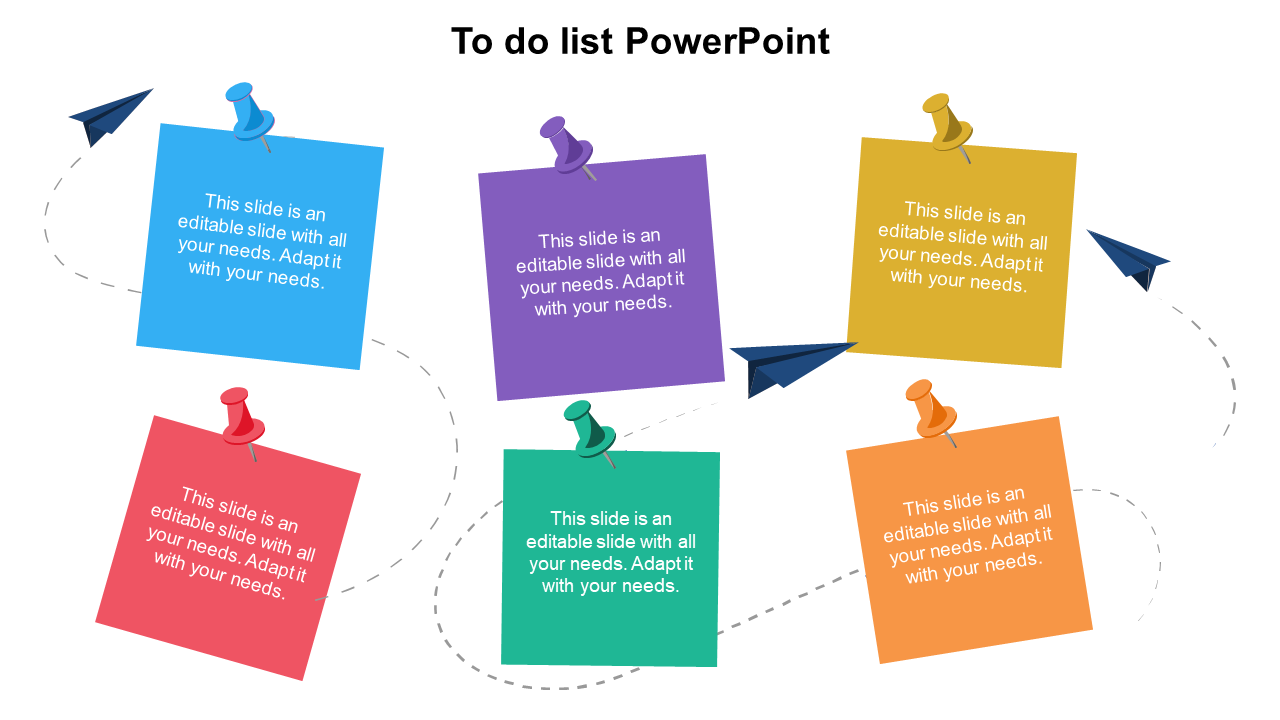 Colorful to do list PowerPoint slide with sections represented by sticky notes and arrows with placeholder text.