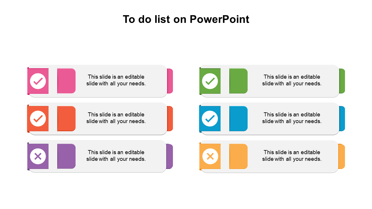 Two columns of colorful to do list items with checkmark and cross icons, each paired with text on a white background.