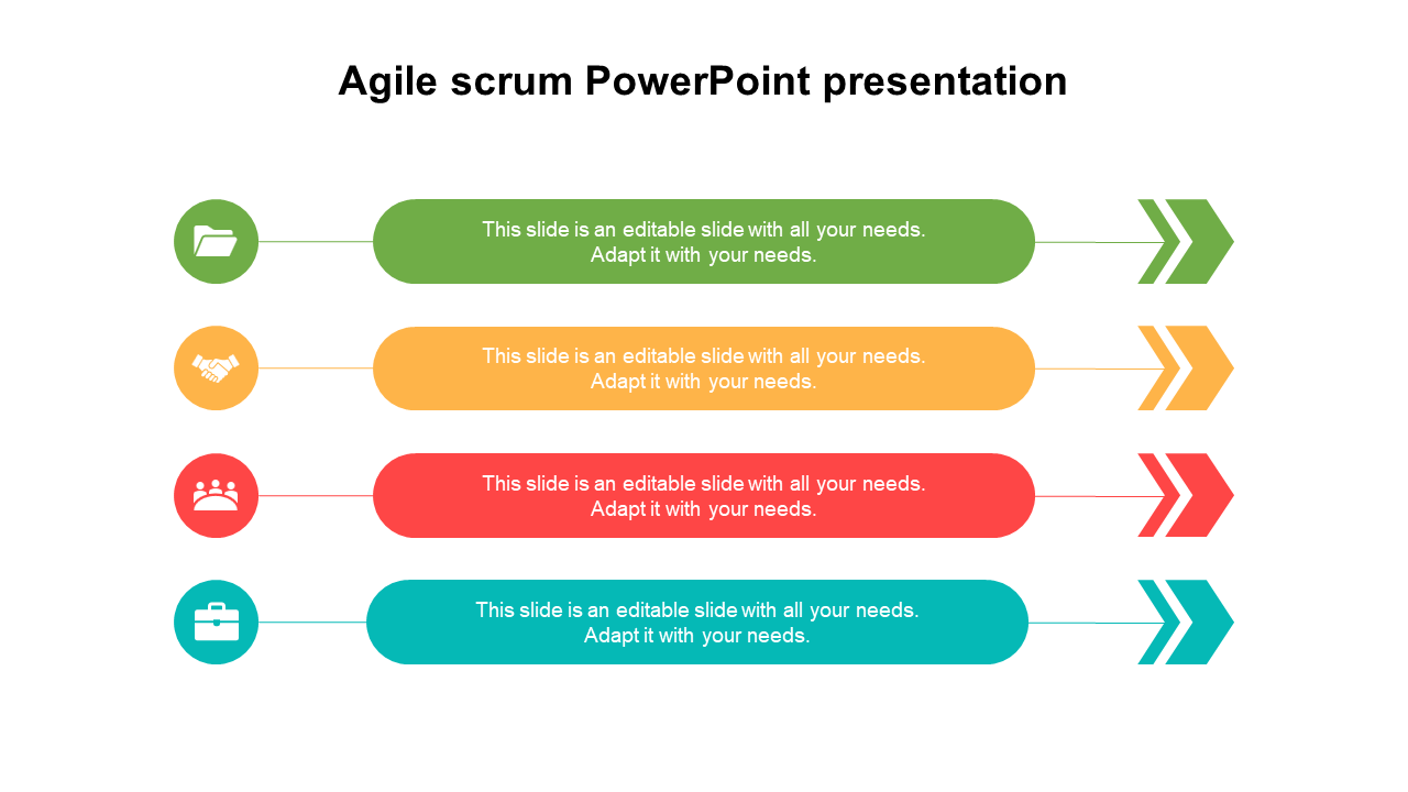 Agile Scrum PowerPoint presentation slide with four sections, each featuring an icon and a colored arrow.