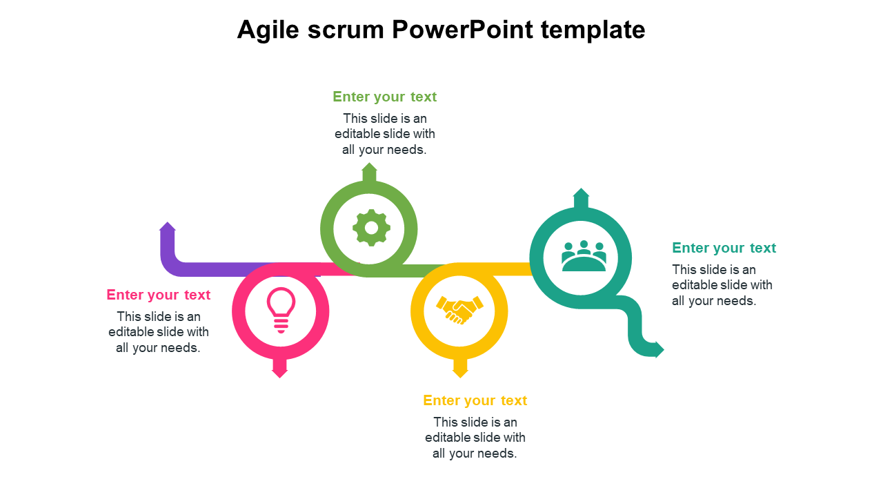 Agile scrum infographic with four circular icons in pink, green, yellow, and teal, connected by a horizontal path.