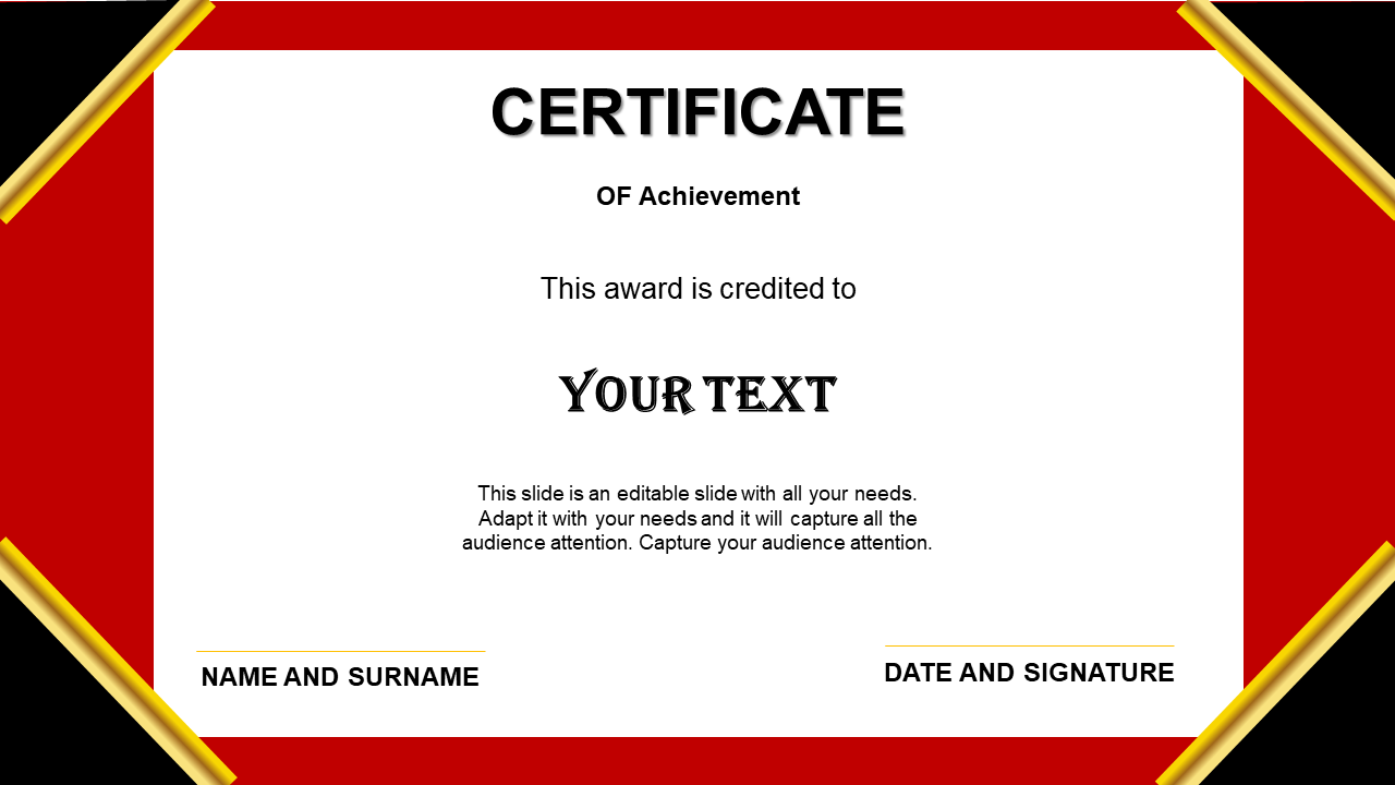 Certificate template with bold red and gold borders, displaying space for recipient's name and signature for recognition.