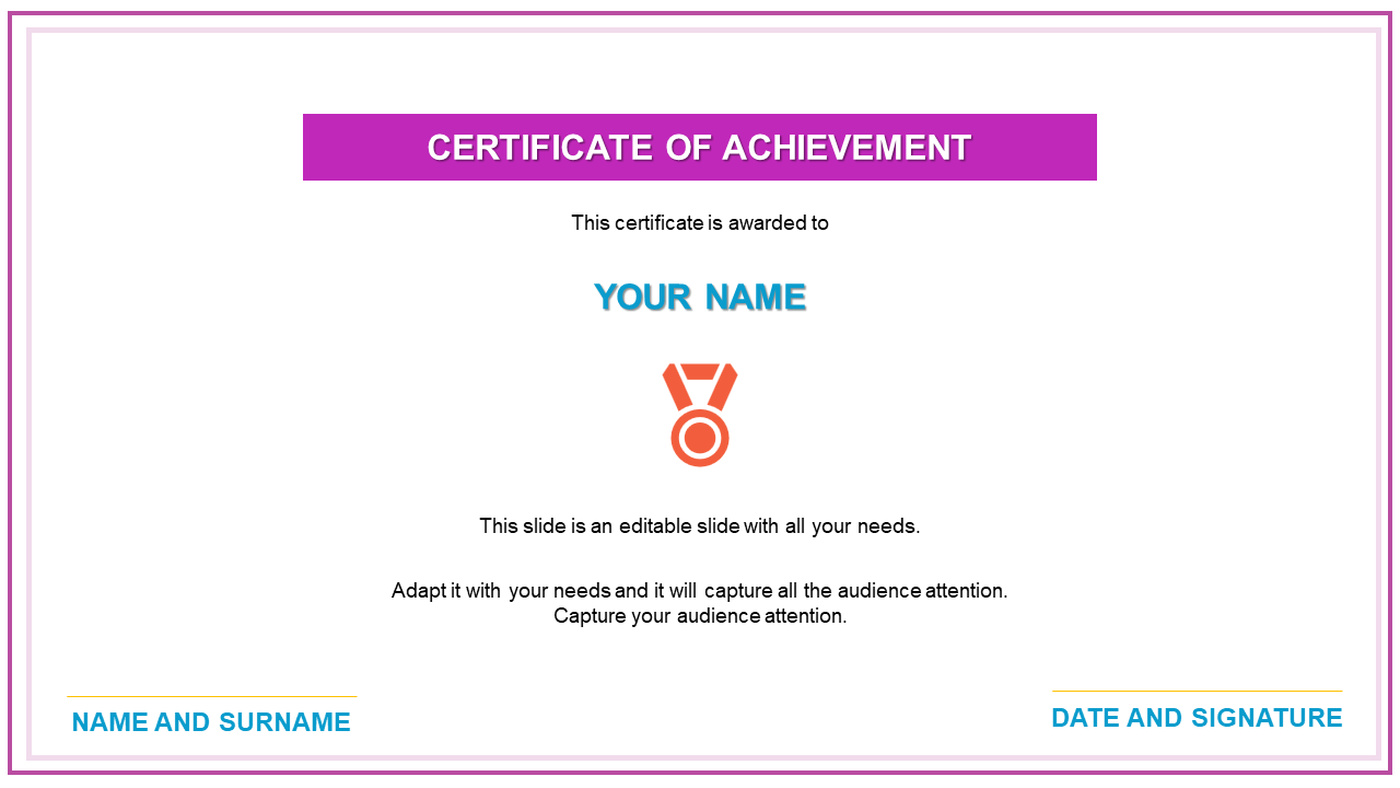 Certificate achievement slide with a purple header and pink border, featuring placeholders for recipient name and signature.