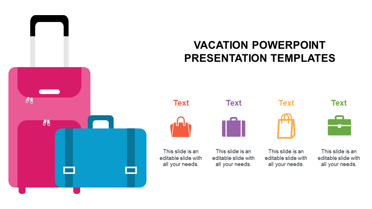 Vacation-themed slide featuring pink and blue luggage with colorful icons and with placeholder text areas.