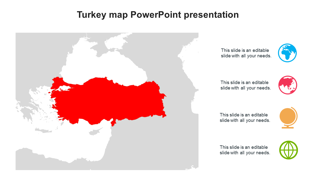 Map of Turkey highlighted in red on a grey background, indicated by icons on the right with placeholder text.