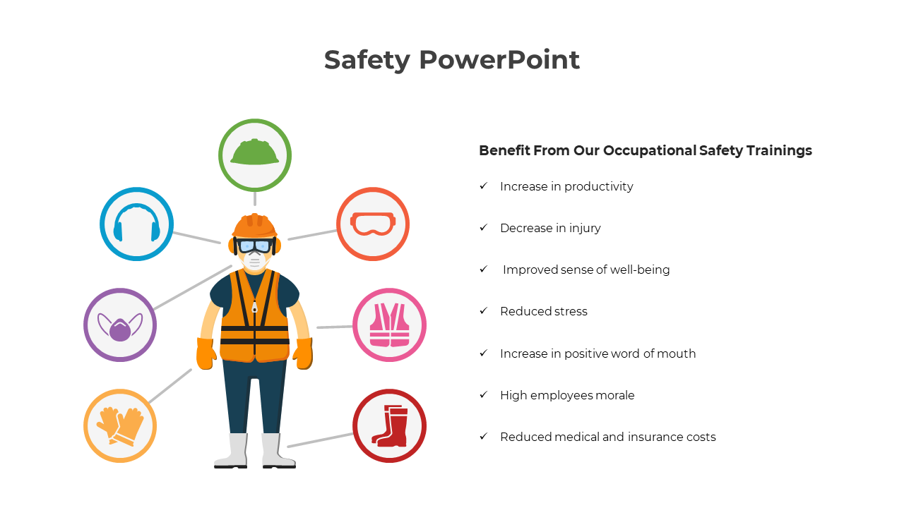 Safety-themed slide showing a worker in protective gear and icons, alongside a list of occupational safety benefits.