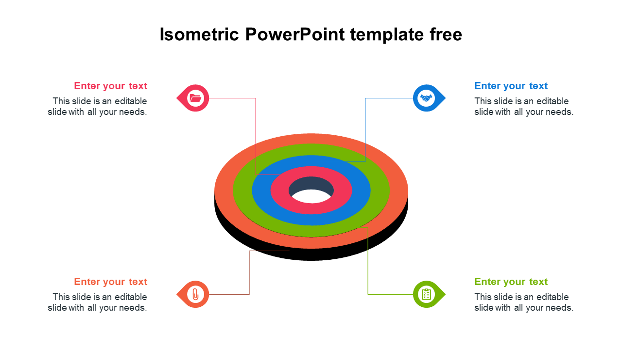 Isometric PowerPoint template featuring a layered circular diagram with four labeled text boxes connected by lines.