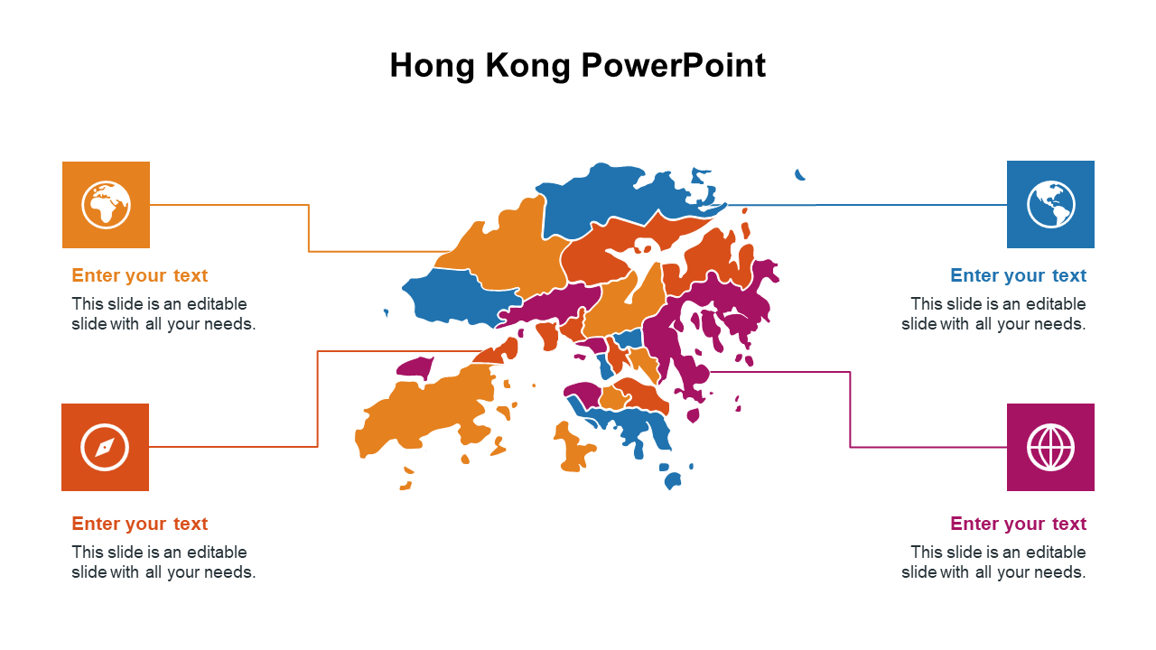 Color coded map of Hong Kong with four text boxes for adding descriptions or notes.