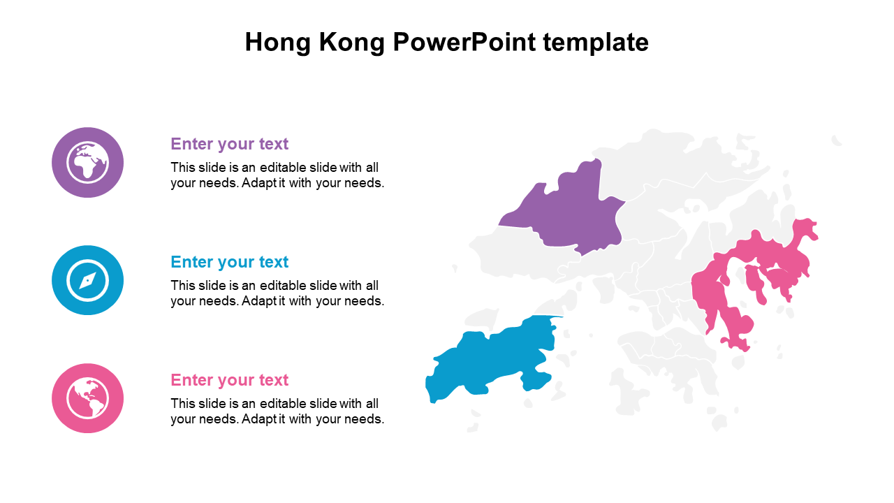 PowerPoint slide for Hong Kong with map regions in purple, blue, and pink, and placeholders for content.