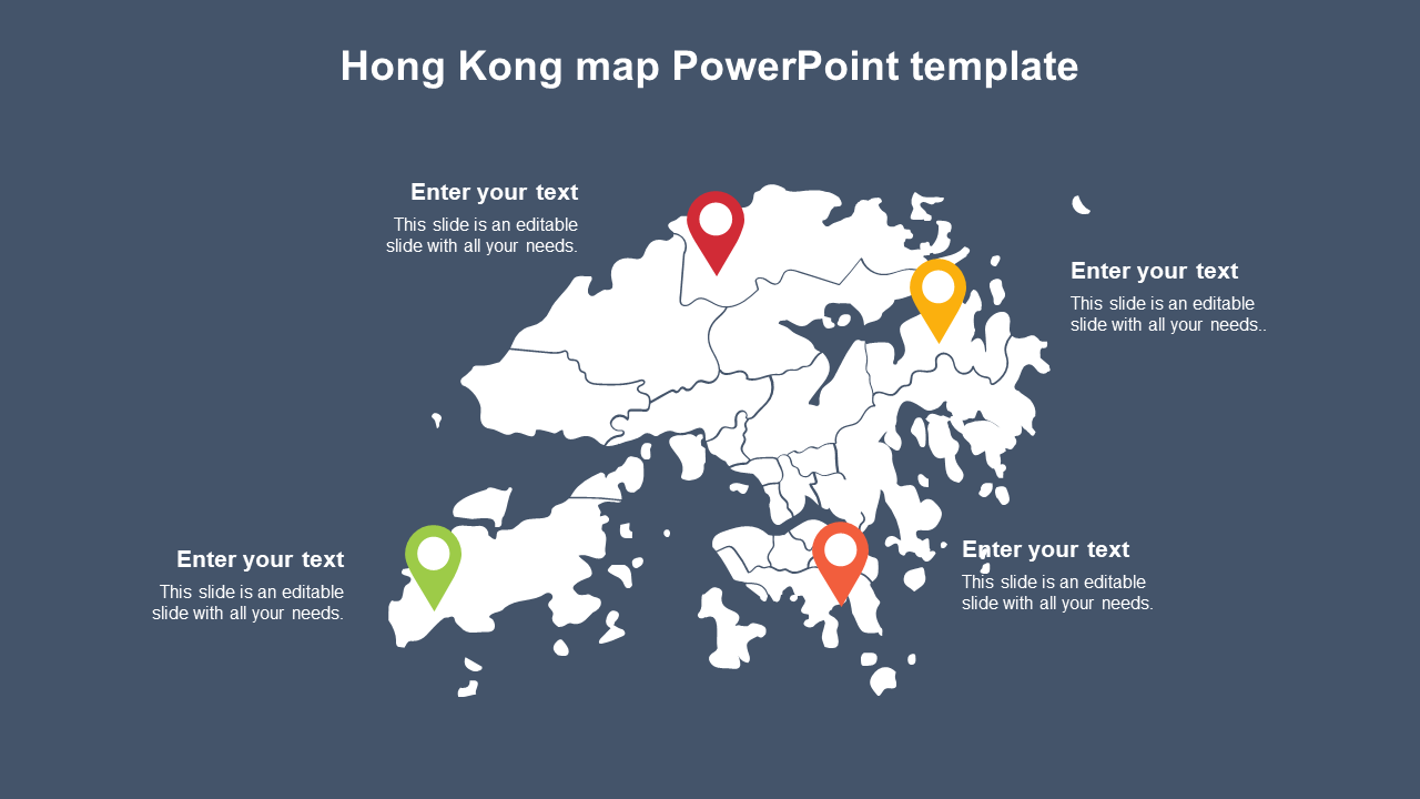 White map of Hong Kong on a blue background, marked with four colorful location pins in red, yellow, orange, and green.