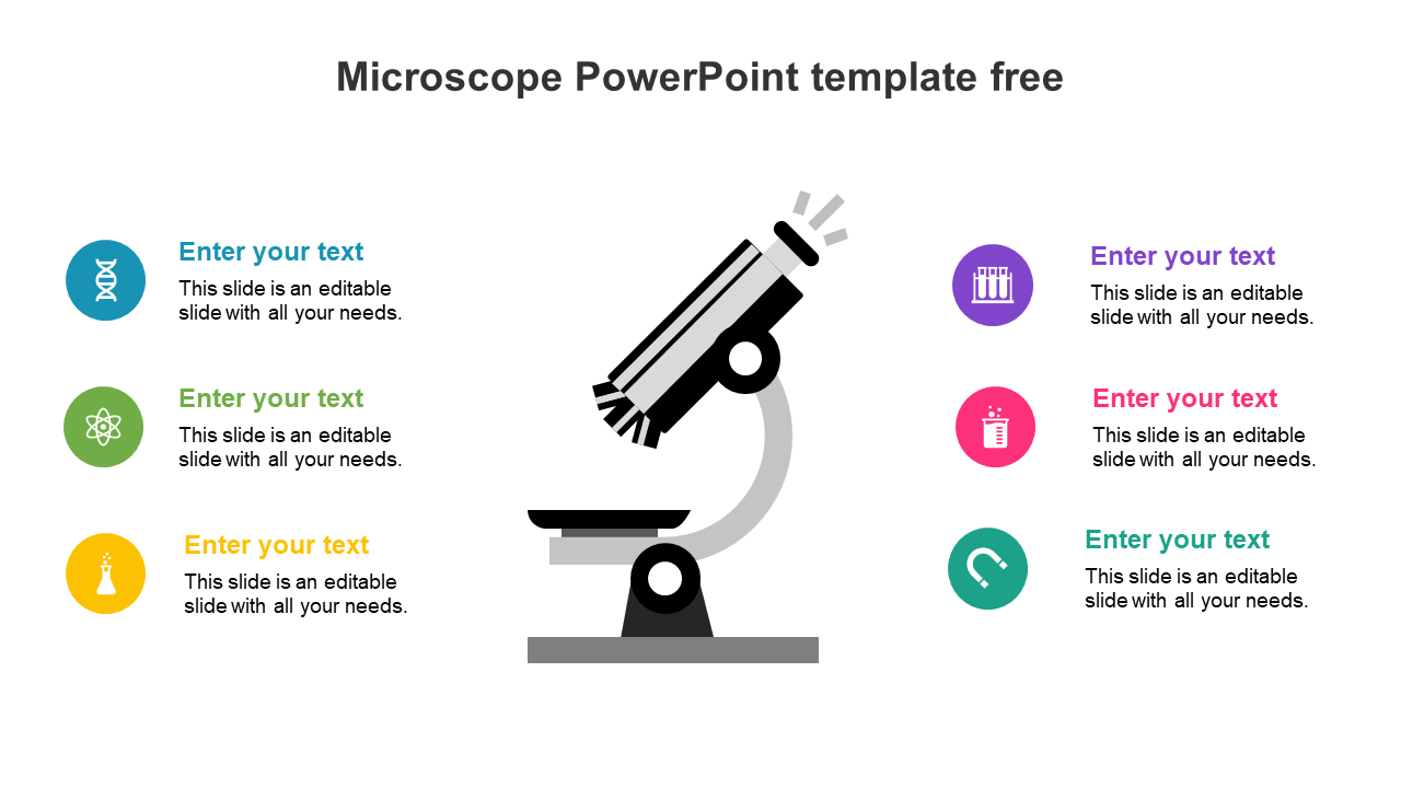 Microscope graphic at center, with colored circular icons for science topics and set with placeholder text.