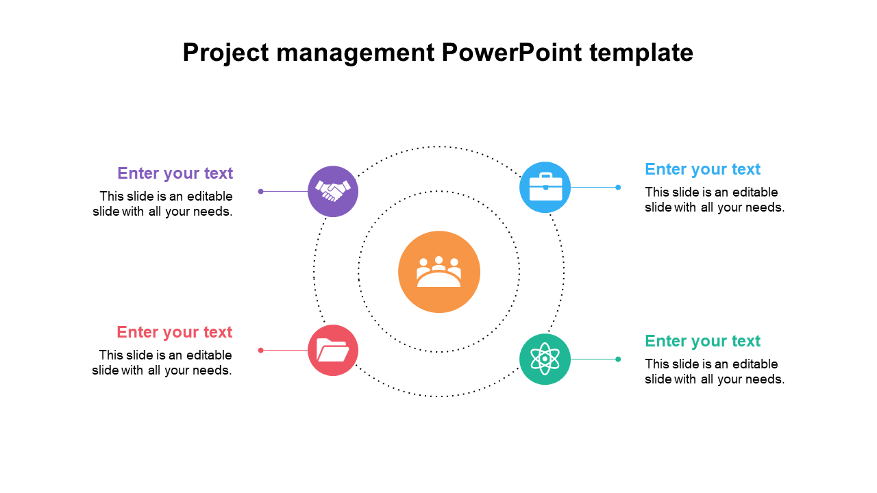 A Project Management slide showing five sections with colorful icons connected in a circular flow with placeholder text.