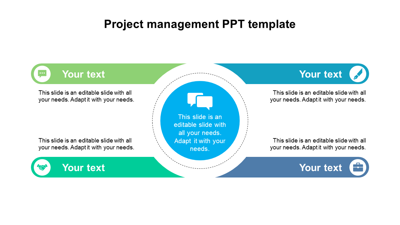 Project management PowerPoint template with four colorful sections, each featuring icons and placeholder text.