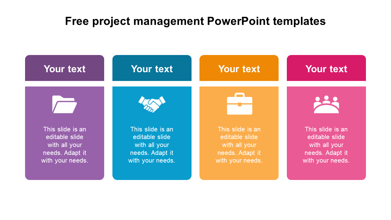 Four colored boxes in purple, blue, orange, and pink, each containing an icon and text area for project management content.