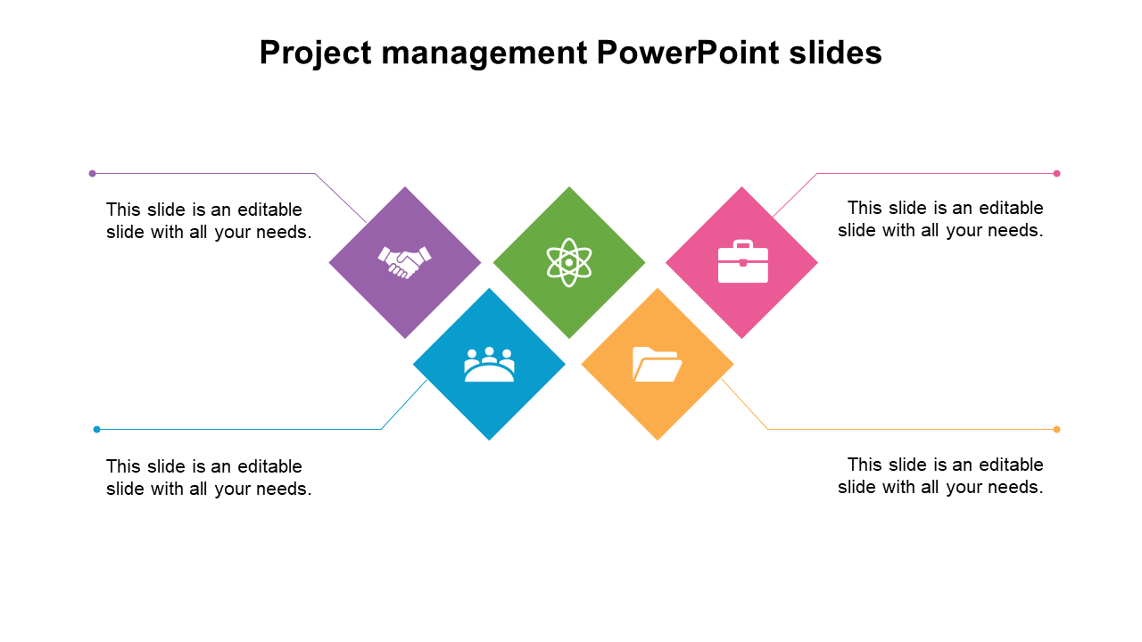 Project management slide with five diamond icons in purple, green, pink, blue, and orange, each with symbols.