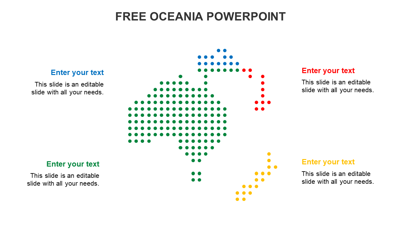 Dot style map of Oceania in green, blue, red, and yellow with four text boxes around it.