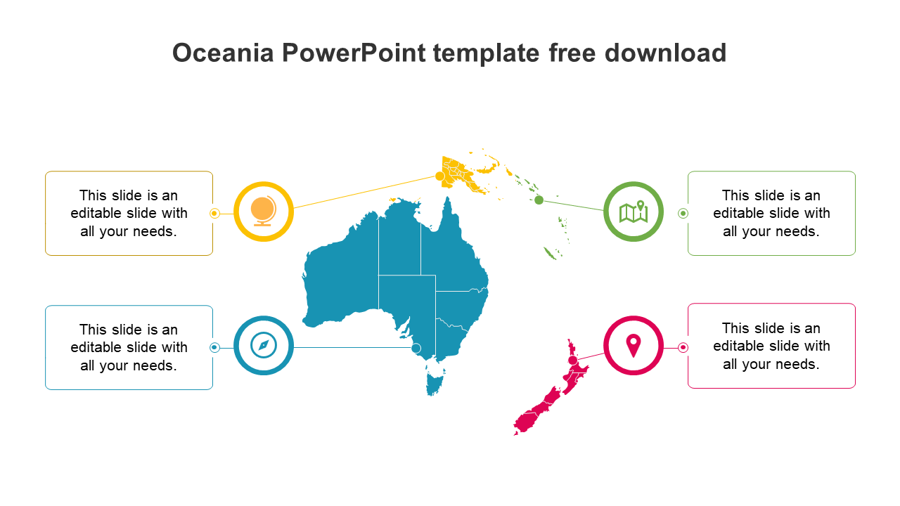 Colorful Oceania map with blue, yellow, green, and red circular icons connecting to text boxes.