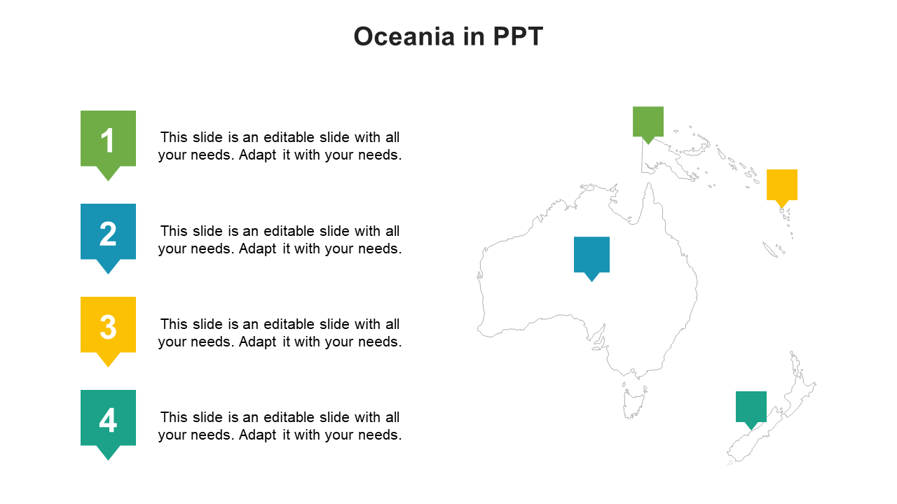 Map of Oceania showing four colored location markers connected to numbered placeholders for descriptions.