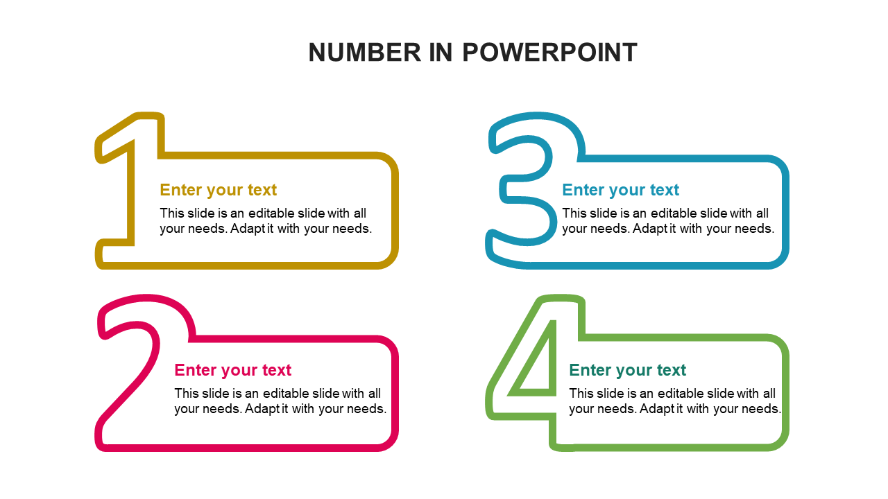 Colorful outlined numbers 1 to 4 in yellow, pink, blue, and green, each with text space inside, arranged in a grid format.