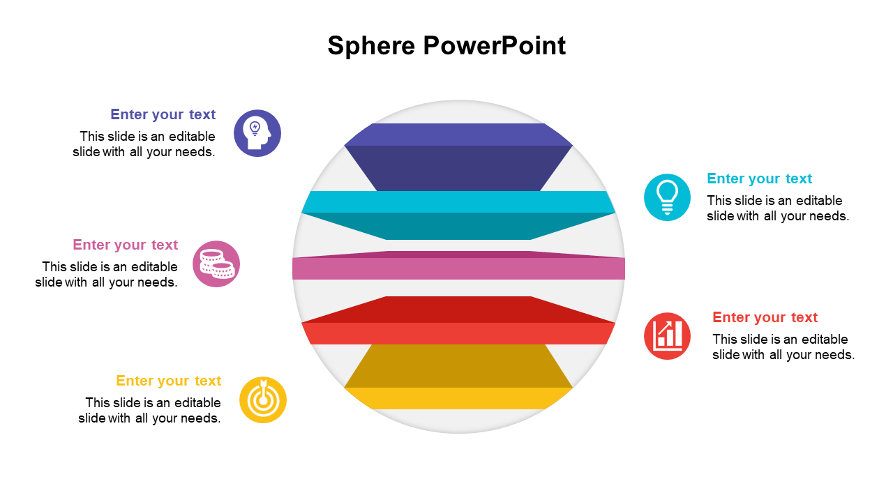 A creative sphere slide with various sections, each corresponding to different concepts with icons and placeholder text.