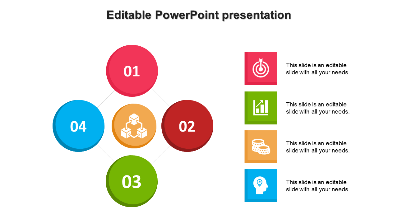 PowerPoint presentation with colored circular sections and icons for various business needs on a white backdrop.