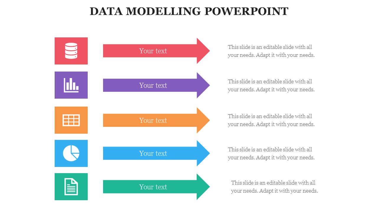 Data modeling diagram with icons for databases, charts, and documents alongside five labeled arrows in vibrant colors.