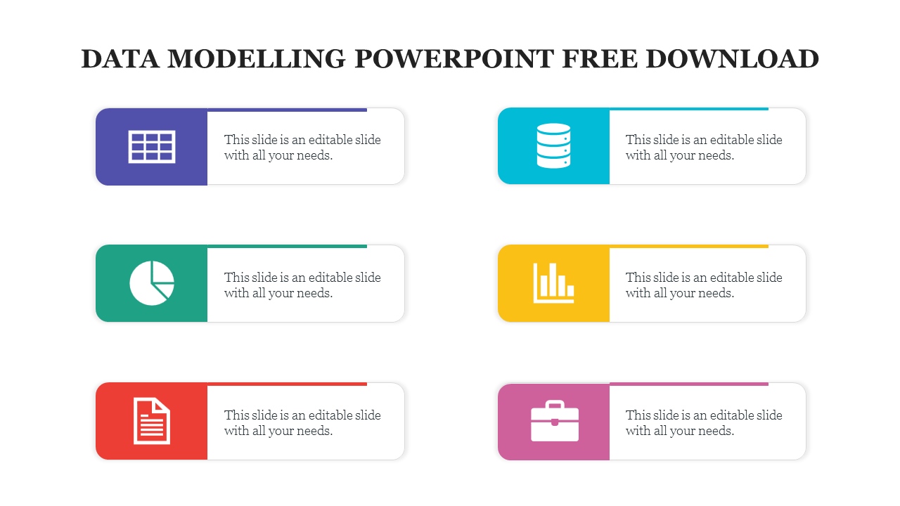 Slide featuring icons for data modeling, including a table, pie chart, database, file, and briefcase with captions.