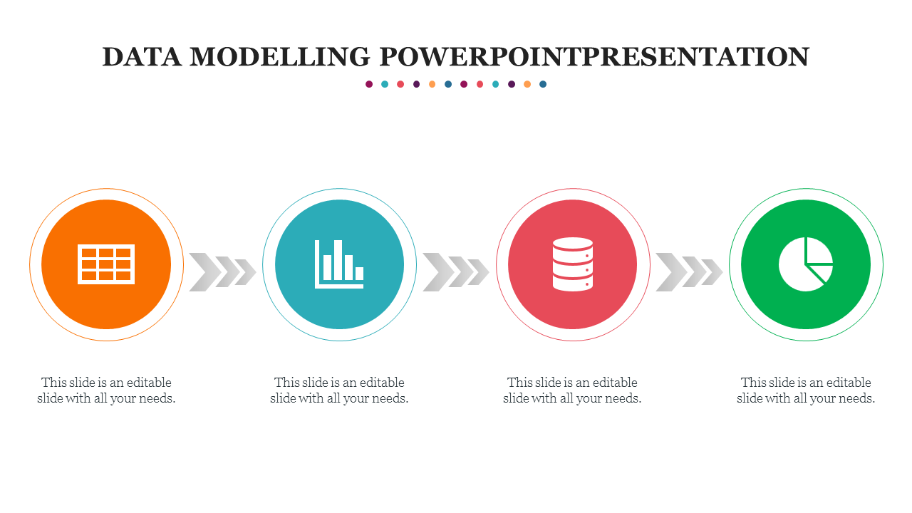 Data modeling PowerPoint template illustrating the process from table to graph, database, and pie chart with captions.