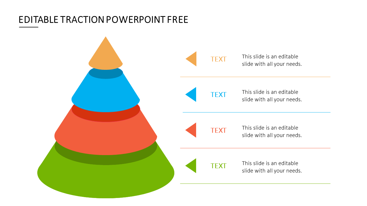 Slide with a four layered 3D pyramid in green, orange, blue, and yellow with matching text areas on the right.