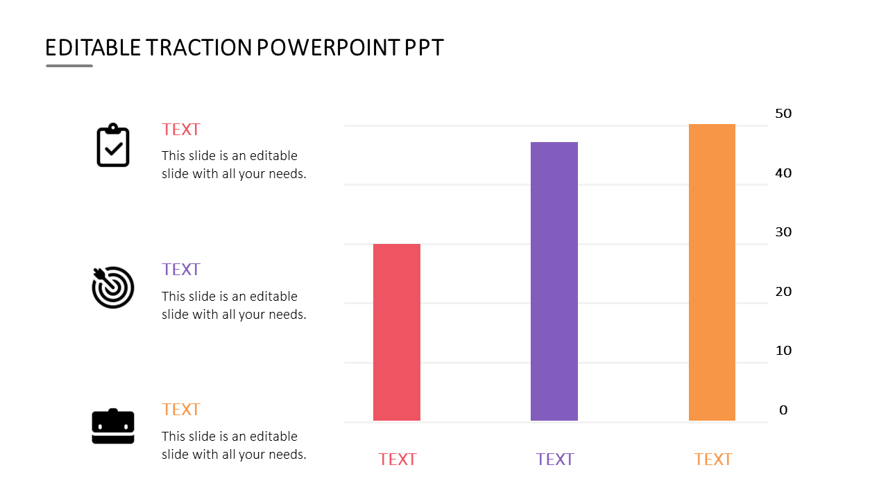 A chart with three vertical bars in red, purple, and orange, with icons and descriptive text on the left.