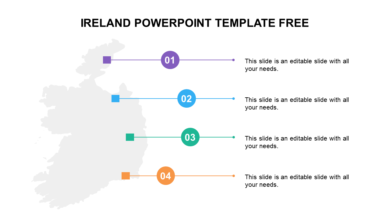 Ireland PowerPoint template with sections and a map of Ireland in the background with placeholder text.