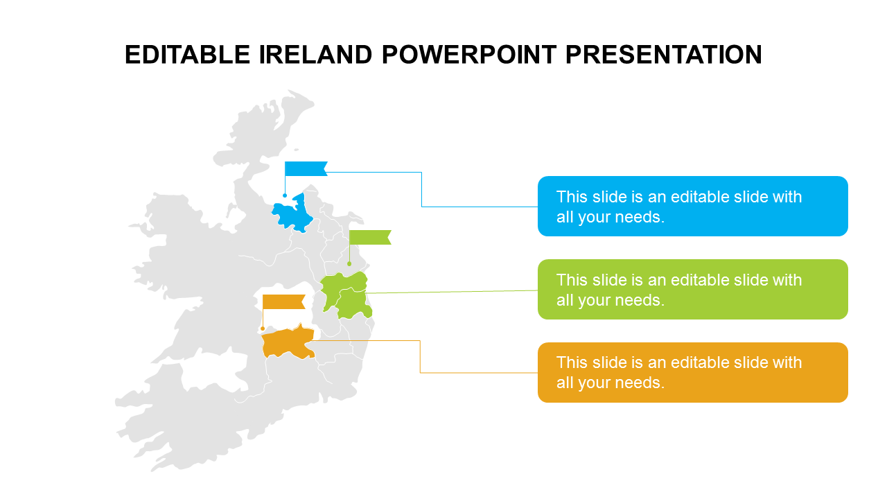 Gray Ireland map with three color-coded areas connected to captions areas in vibrant boxes.