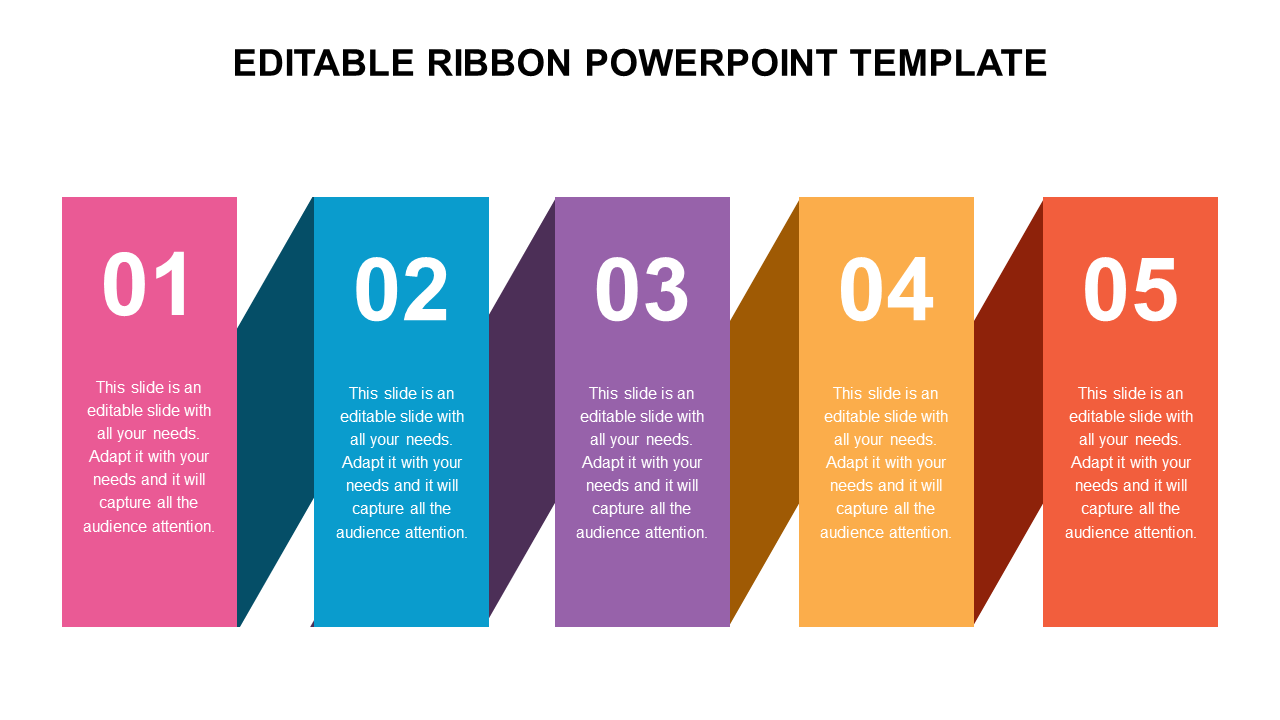 PowerPoint template with five vertical, colorful ribbon shaped sections numbered 1 to 5, each with text placeholders.