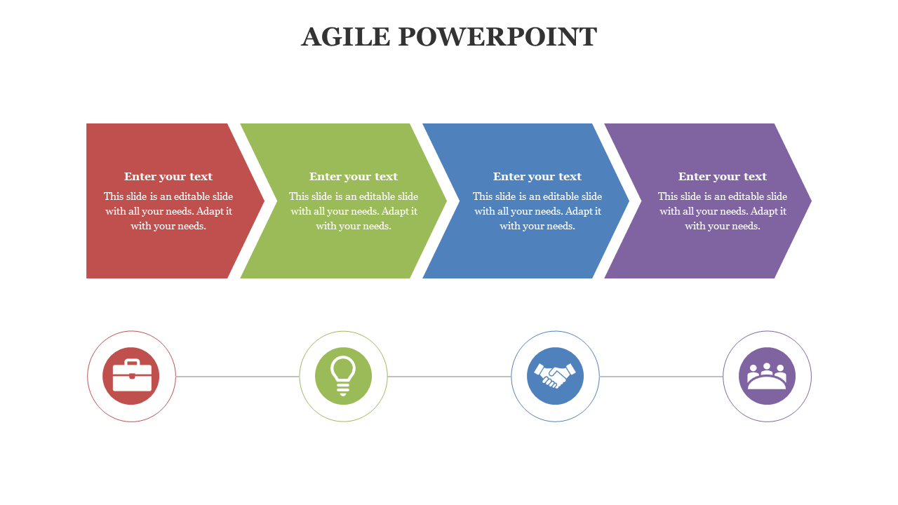 Agile slide featuring red, green, blue, and purple arrows with placeholders for text and matching circular icons below.