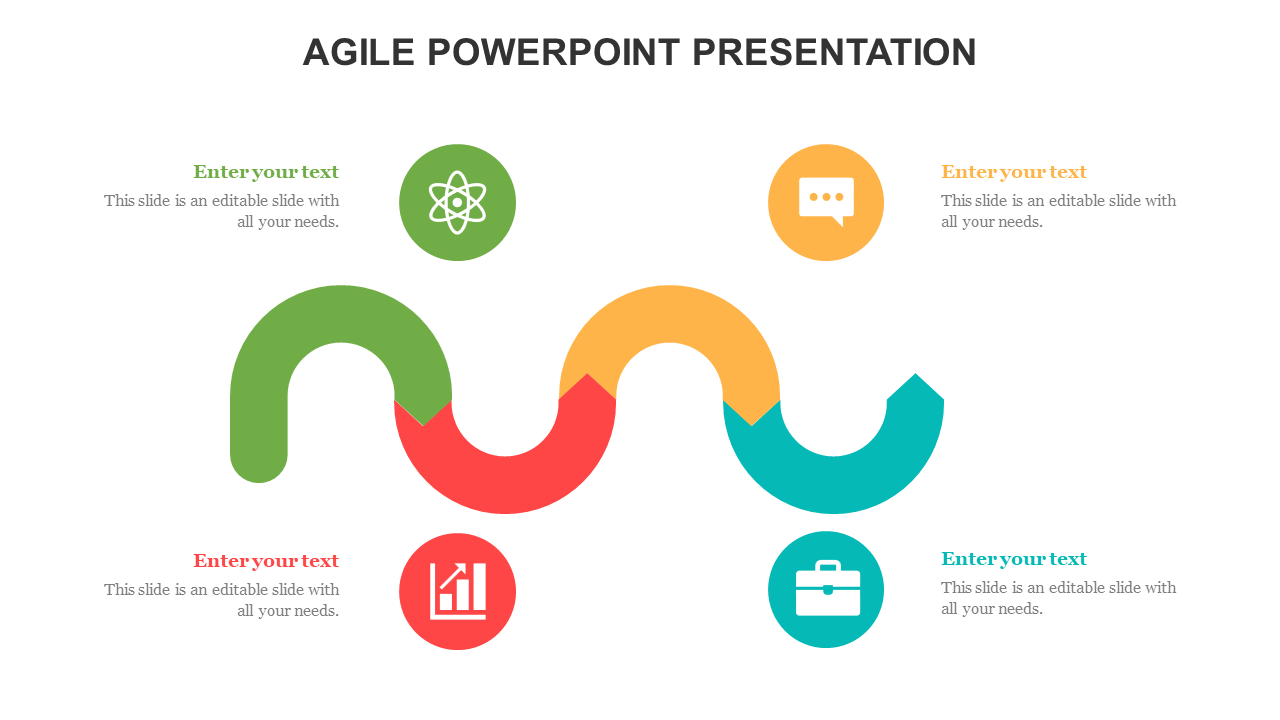 Agile PowerPoint slide with colorful curved arrows and icons representing various stages with placeholder text.