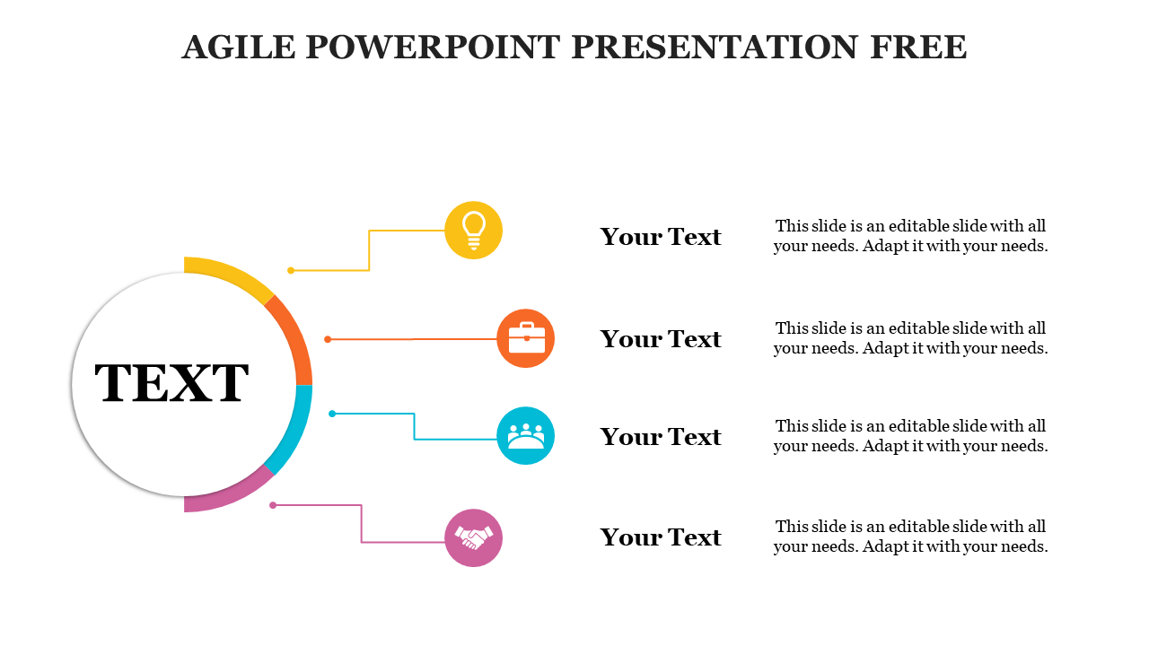 Agile template featuring a circular diagram with five sections for captions, designed for clear presentation.