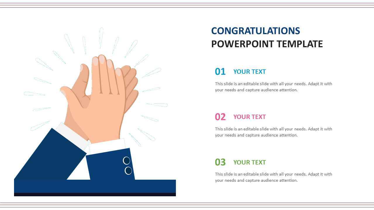 Illustration of clapping hands, with three numbered text sections in blue, pink, and green on the right.