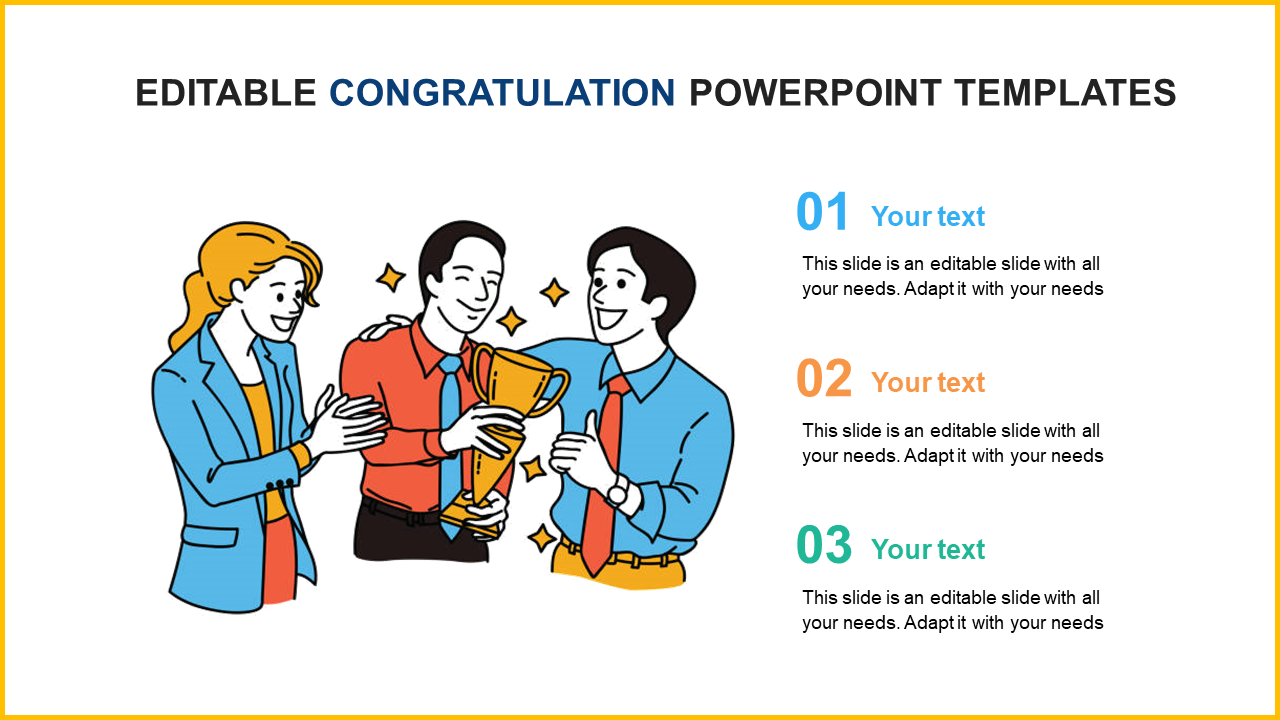 Congratulation slide featuring an illustration of colleagues celebrating with a trophy and three text sections.