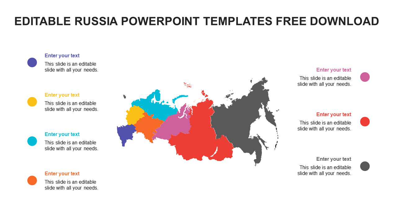 Colorful map of Russia divided into seven distinct regions, with circular icons and text labels on both sides.