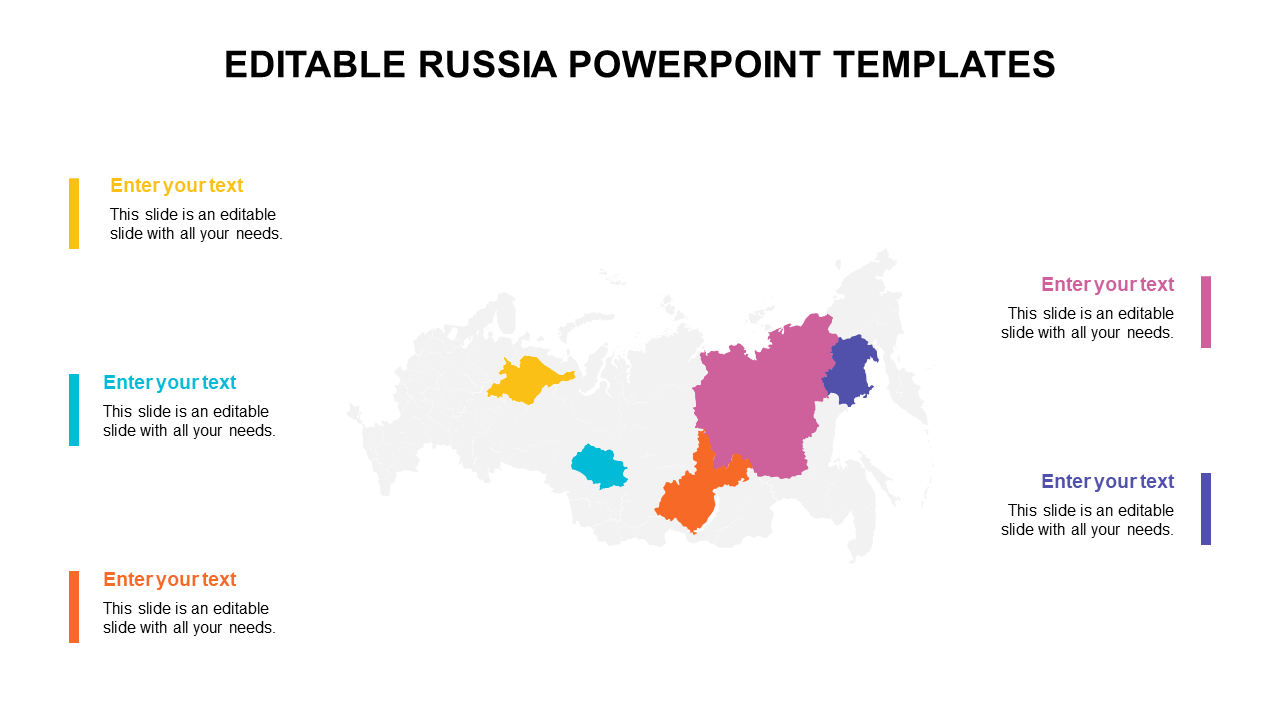 Russia PowerPoint template featuring a map with highlighted regions in different colors and text sections.