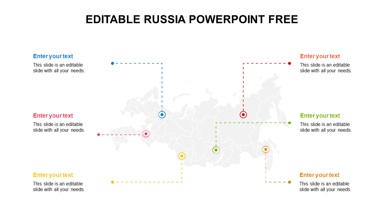 Russia map template with text areas and color coded markers for highlighting regions.