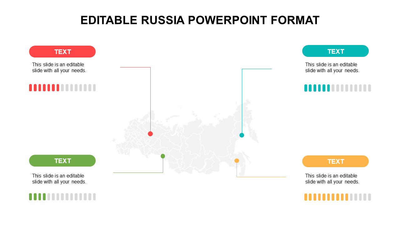 Gray Russia map with red, green, teal, and orange markers and corresponding text areas featuring progress bars.