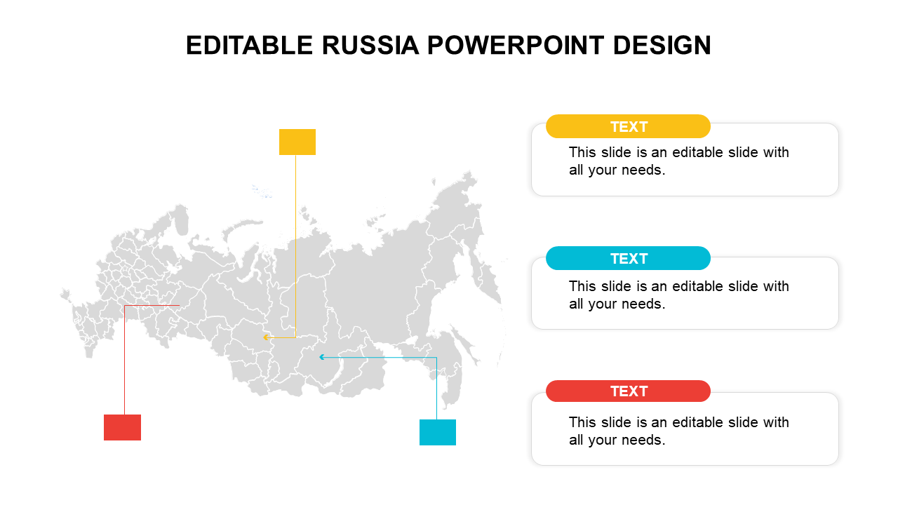 Gray map of Russia with red, yellow, and blue highlighted points connected to text boxes on the right.