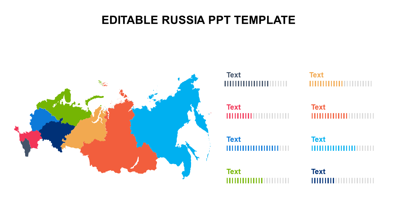 Colorful map of Russia divided by regions and aligned text color bars for easy reference on the right.